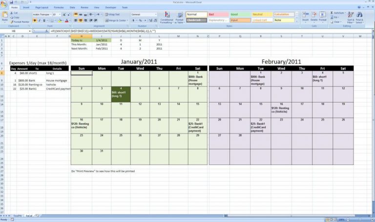 expense calendar excel template
